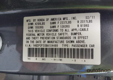 2011 Honda Accord 2.4 Lx из США, поврежденный, VIN 1HGCP2F30BA104489